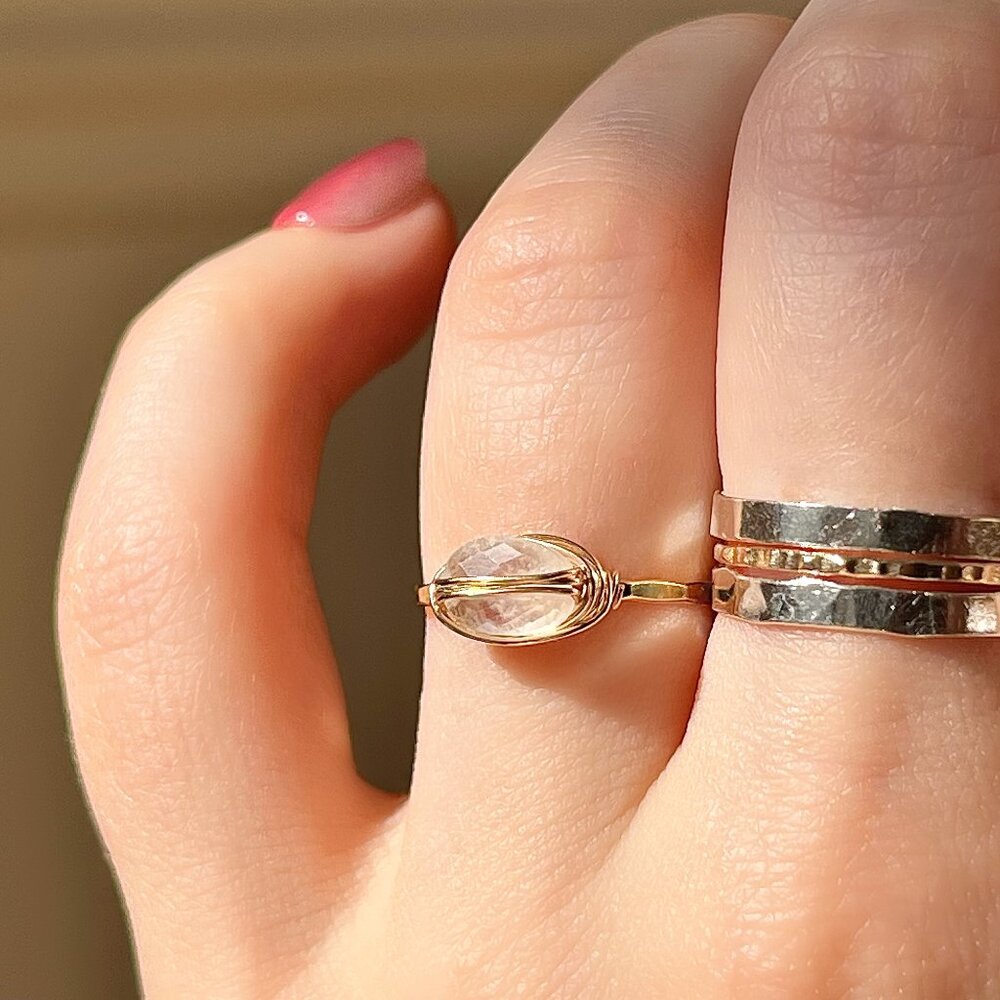 Gold Filled Wire Wrapped Dainty Moonstone Bisected Oval Ring